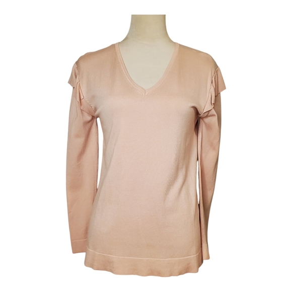 Calvin Klein Pale Soft Pink Sweater Long Sleeve Pullover Shoulder Ruffles SZ MED - Picture 1 of 9